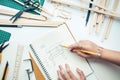 Female working on worktable with balsa wood material.Diy,design Royalty Free Stock Photo