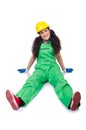 Female workman in green overalls isolated on white Royalty Free Stock Photo