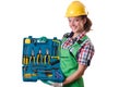 Female workman in green overalls isolated on white Royalty Free Stock Photo