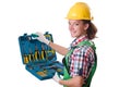 Female workman in green overalls isolated on white Royalty Free Stock Photo