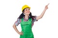 Female workman in green overalls isolated on white Royalty Free Stock Photo