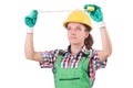 Female workman in green overalls isolated on white Royalty Free Stock Photo