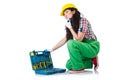 Female workman in green overalls isolated on white Royalty Free Stock Photo