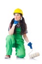 Female workman in green overalls isolated on white Royalty Free Stock Photo