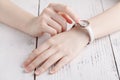 Female wrist warch on arm Royalty Free Stock Photo