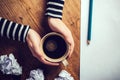 Female writer drinking cup of coffee Royalty Free Stock Photo