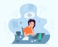 Female writer experiencing creative crisis, vector illustration. Anxiety, fatigue, headache, stress, depression, burnout