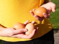 A female holding three eggs in her hand