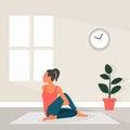 Female Yoga in Flat Style. Vector Illustration of Beautiful Cartoon Woman in Matsyendrasana Pose of Yoga. Home Sports