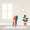 Female Yoga in Flat Style. Vector Illustration of Beautiful Cartoon Woman in Padahastasana Pose of Yoga. Home Sports