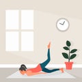 Female Yoga in Flat Style. Vector Illustration of Beautiful Cartoon Woman in Salabhasana Pose of Yoga. Home Sports