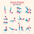 Female Yoga Icon Set in Flat Style. Vector Illustration of Beautiful Cartoon Woman in Basic Various Poses of Yoga Royalty Free Stock Photo