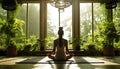 female in yoga lotus pose. Silhouette in a spacious room filled with plants. Sunset. Royalty Free Stock Photo