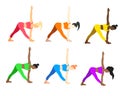 Female yoga poses (european, african, asian) set in cartoon flat style. LGBT colors