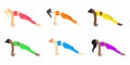 Female yoga poses (european, african, asian) set in cartoon flat style. LGBT colors