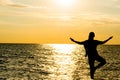 Female yoga vriksasana silhouette on beautiful beach during sunset. Royalty Free Stock Photo