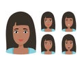 Brunette girl with happy, angry, unhappy, laughing, scared, wow, fun emotions. Vector Illustration