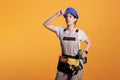 Female young constructor searching for something in studio Royalty Free Stock Photo