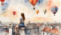 female youth, on a rooftop, hot-air balloons, complimenting colour