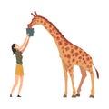 Female Zoo Worker Feeding Giraffe, Veterinarian or Professional Zookeeper Character Caring of Wild Animals in Zoo