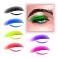 Females eyes with different makeup eyeshadow colors. Set of colorful eyeshadows and realistic eye on white background
