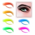 Females eyes with different makeup eyeshadow colors. Set of colorful eyeshadows and realistic eye on white background