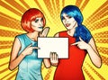 Females with paper in hands. Portrait of young women in comic po