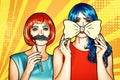 Females in red and blue wigs. Girls with yellow bow-tie and false moustashes Royalty Free Stock Photo