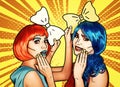 Females in red and blue wigs. Girls with yellow bow-tie in hands Royalty Free Stock Photo