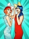 Females in red and blue wigs on green cartoon background. Girls with yellow bow-tie in hands Royalty Free Stock Photo