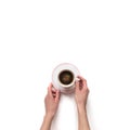 Femalewoman hand hold a white espresso cup with coffee isolate Royalty Free Stock Photo