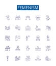 Femenism line icons signs set. Design collection of Feminism, Womanism, Equality, Liberation, Rights, Womxn, Empowerment