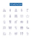 Femenism line icons signs set. Design collection of Feminism, Womanism, Equality, Liberation, Rights, Womxn, Empowerment