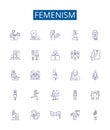 Femenism line icons signs set. Design collection of Feminism, Womanism, Equality, Liberation, Rights, Womxn, Empowerment