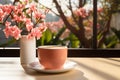 morning aesthetic. floral sunlight, shadows, and coffee cup on peach table background