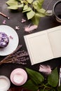Feminine aesthetics lifestyle. Open notebook mockup among cup of coffee, purple floral cupcake, face cream and flowers