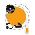 Feminine background. Orange circle and black flower, black petals, multicolored beads, nail on white background. Modern woman back