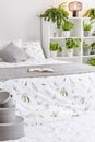 Feminine bedroom interior in white, gray and green with plants next to a bed dressed in pillows, bedspread and blanket made of nat Royalty Free Stock Photo