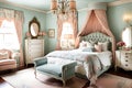 Feminine Bedroom: Pastel Color Palette Dominance, Featuring Plush Textures, Victorian-Style Furniture Royalty Free Stock Photo