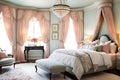 Feminine Bedroom: Pastel Color Palette Dominance, Featuring Plush Textures, Victorian-Style Furniture Royalty Free Stock Photo