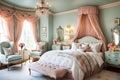 Feminine Bedroom: Pastel Color Palette Dominance, Featuring Plush Textures, Victorian-Style Furniture Royalty Free Stock Photo