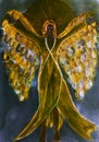 Feminine black angel with long dress and wings.