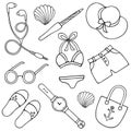Feminine collection. Sketch. Beachwear and accessories. Vector set of illustrations. Outline on white isolated background. Doodle