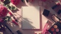 Flat lay of makeup products and flowers around a blank notebook on a pink background Royalty Free Stock Photo