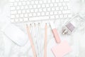 Feminine desk. Beauty and perfume on marble background Royalty Free Stock Photo