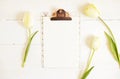 Feminine desktop composition with blank sheet clipboard & white tulips on wooden texture table background, copy space for text. Wo