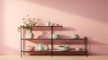 Feminine Etagere Display With Vases And Bowls Against Pink Wall