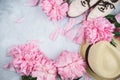 Feminine flatlay mockup with hat, pink peonies and white brogue shoes