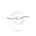 Feminine floral letter E. beautiful caligraphic monogram flourish leaf boutique logo vector template stock illustration