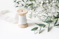 Feminine floral scene. Close-up of spool of silk ribbon, Eucalyptus parvifolia leaves and babys breath Gypsophyla Royalty Free Stock Photo